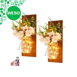 "Noel says Santa sales"| Đèn treo tường mộc mạc Mason Jar Thiết kế treo tường nghệ thuật thủ công với đèn LED cổ tích và Hoa mẫu đơn trắng